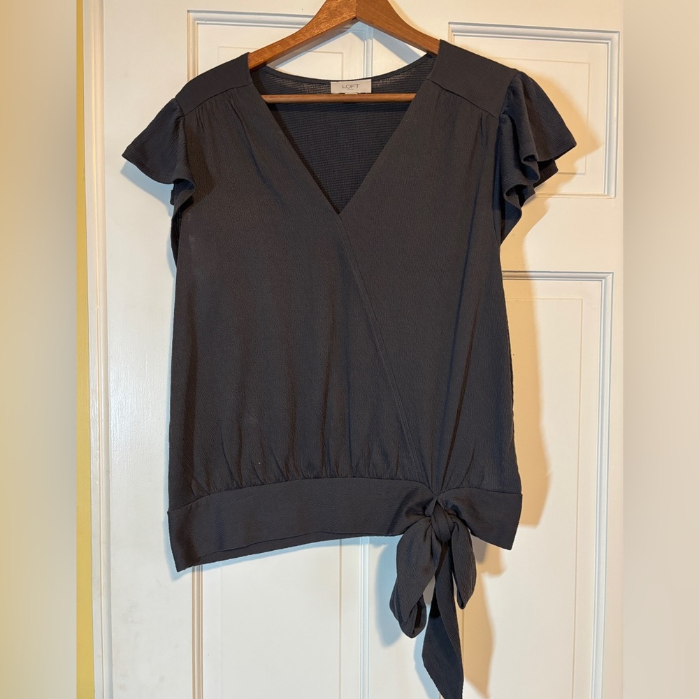 LOFT Charcoal Wrap Blouse with Side Tie Detail